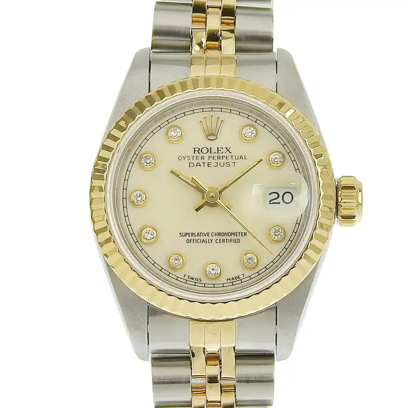 ロレックス デイトジャスト レディース 自動巻き 腕時計 SS/YG 10Pダイヤ アイボリー文字盤 E番 1990〜1991年 69173G 中古  RO0288