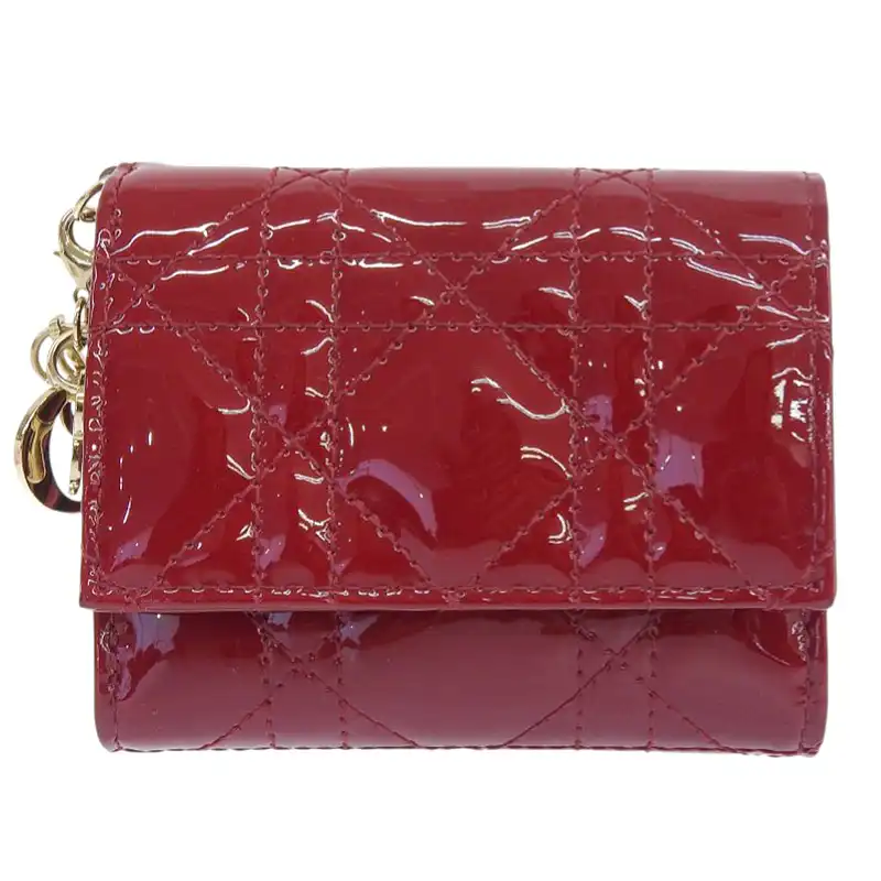 ディオール CHRISTIAN DIOR レディディオール ロータスウォレット カナージュ パテントレザー レッド S01810VRB-M323 中古  OBB0645
