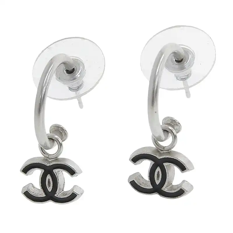 シャネル CHANEL ココマーク ピアス ブラック シルバー色 04P 中古  CH1073