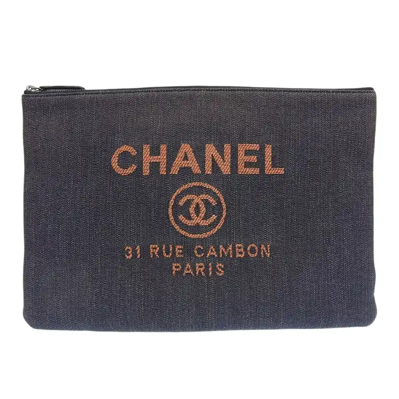 シャネル CHANEL ドーヴィル クラッチバッグ セカンドバッグ デニム ネイビー/オレンジ A80117 23番台 中古  CH1077
