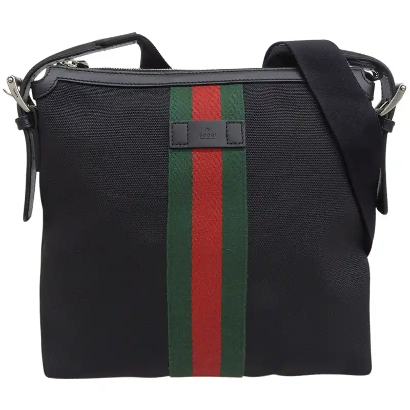 グッチ GUCCI シェリーライン ショルダーバッグ 斜め掛けショルダー キャンバス/レザー ブラック 387111 中古  GU0659
