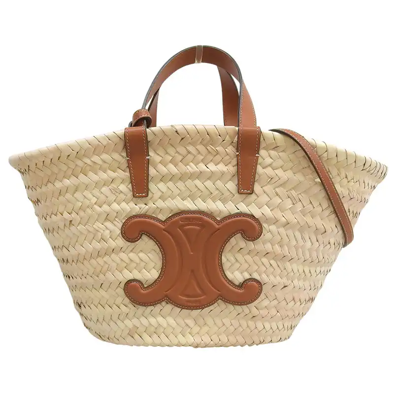 セリーヌ CELINE ティーン クラシック パニエ 2WAYトート かごバッグ ラフィア/レザー ナチュラル/タン 113832EFA.04LU 中古  OB2649