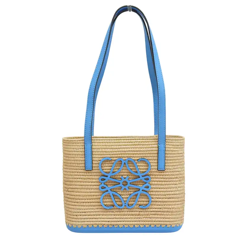 ロエベ LOEWE スクエアバスケット ミニ ハンドバッグ ラフィア/レザー ナチュラル/ブルー A223P72X01 中古  OB2660