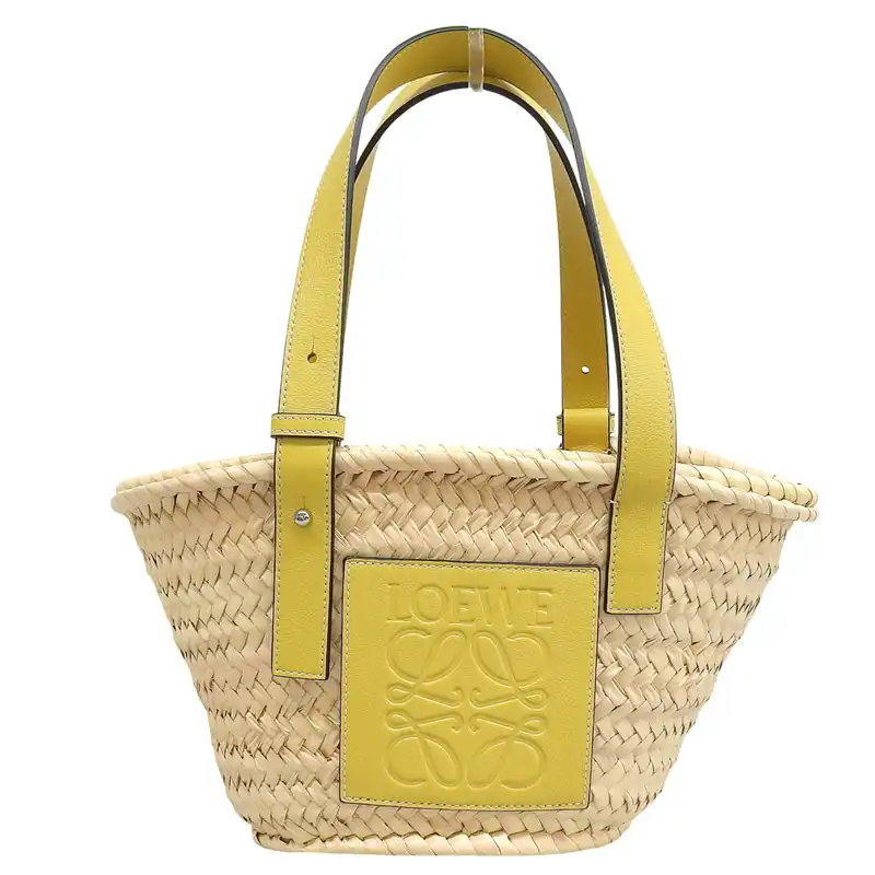 ロエベ LOEWE バスケットバッグ スモール トートバッグ かごバッグ ラフィア/レザー ナチュラル/イエロー 327.02.S93 中古  OB2668