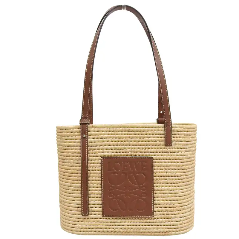 ロエベ LOEWE スクエアバスケットスモール ハンドバッグ ラフィア/カーフ ナチュラル/ピーカン A223099X02 中古  OB2670