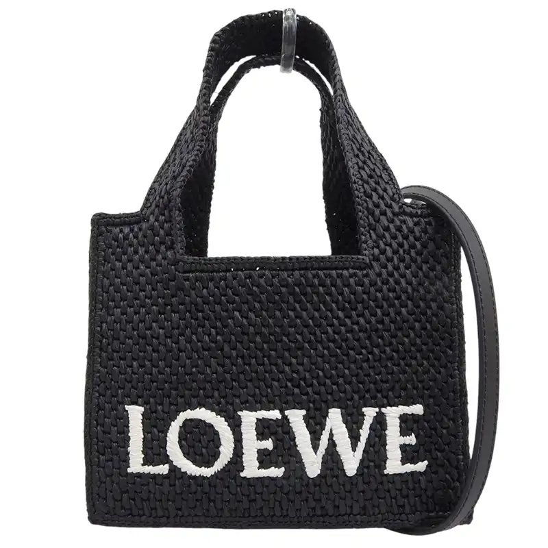 ロエベ LOEWE フォントトート ミニ 2WAYバッグ ハンドバッグ ショルダーバッグ ラフィア/レザー ブラック ALF1V46X01 中古  OB2692