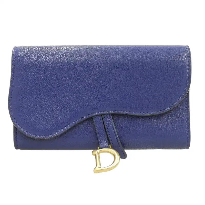 ディオール CHRISTIAN DIOR サドル スリムウォレット 長財布 レザー ネイビー 中古  OBB0646