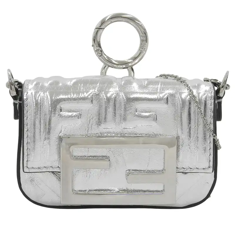 フェンディ FENDI ナノバゲット バッグチャーム ショルダーバッグ チェーンショルダー レザー シルバー 7AS045 中古  OBB0649