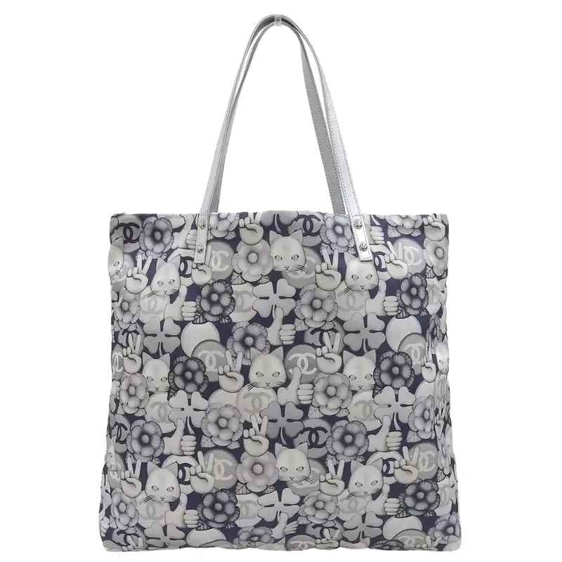 シャネル CHANEL シュペット トートバッグ キャット 猫 ナイロン/レザー シルバー/ネイビー 23番台 中古  CH1083