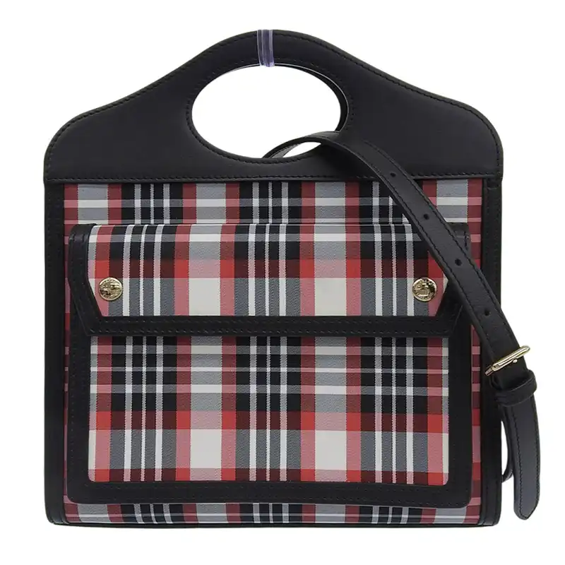バーバリー BURBERRY ポケットバッグ 2WAY ハンドバッグ ナイロン/レザー ブラック/レッド チェック 8035841 中古  OB2681