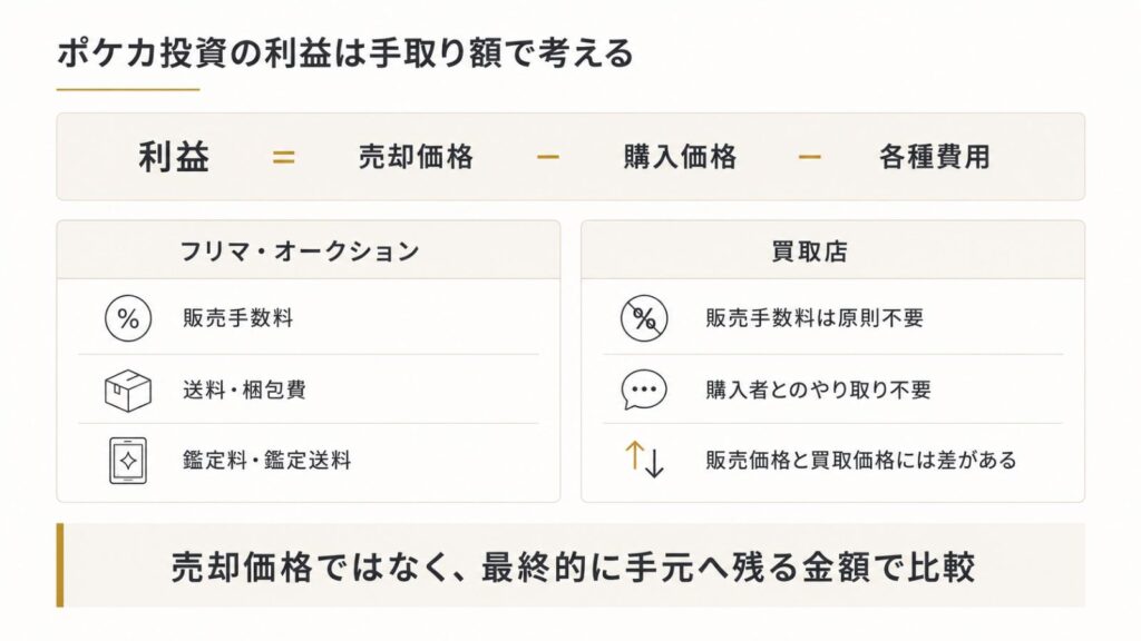 ポケカ投資の利益＝売却価格－購入価格－販売手数料・送料・鑑定料などの費用
